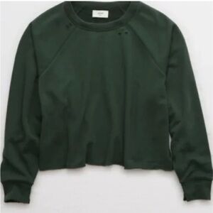 Aerie Sunday Soft Distressed Crewneck Crop Sweatshirt Top - Dark Green - Small